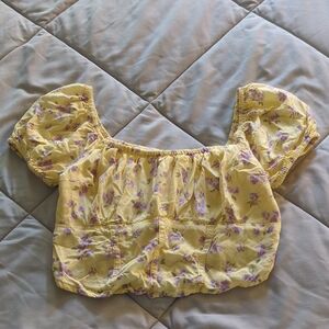 Hollister Yellow Floral Smocked Crop Top Purple Accents Size Small